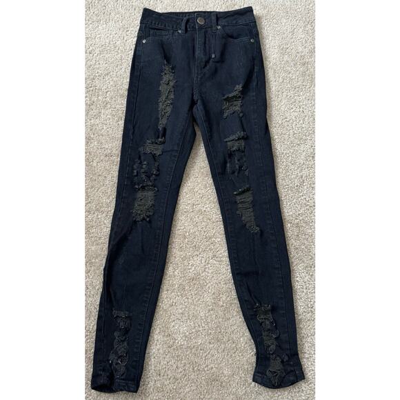 V.I.P. VIP Jeans Juniors Black Extra Ripped Fray Skinny Denim Jeans Size 00 - Picture 1 of 9